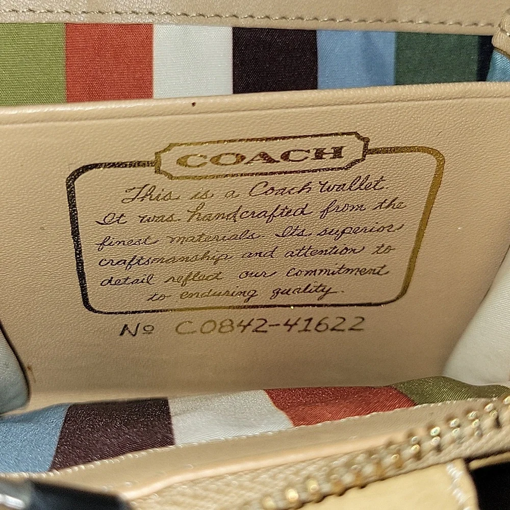 Coach Beige Signature Canvas Wallet with Tan Leather Trim